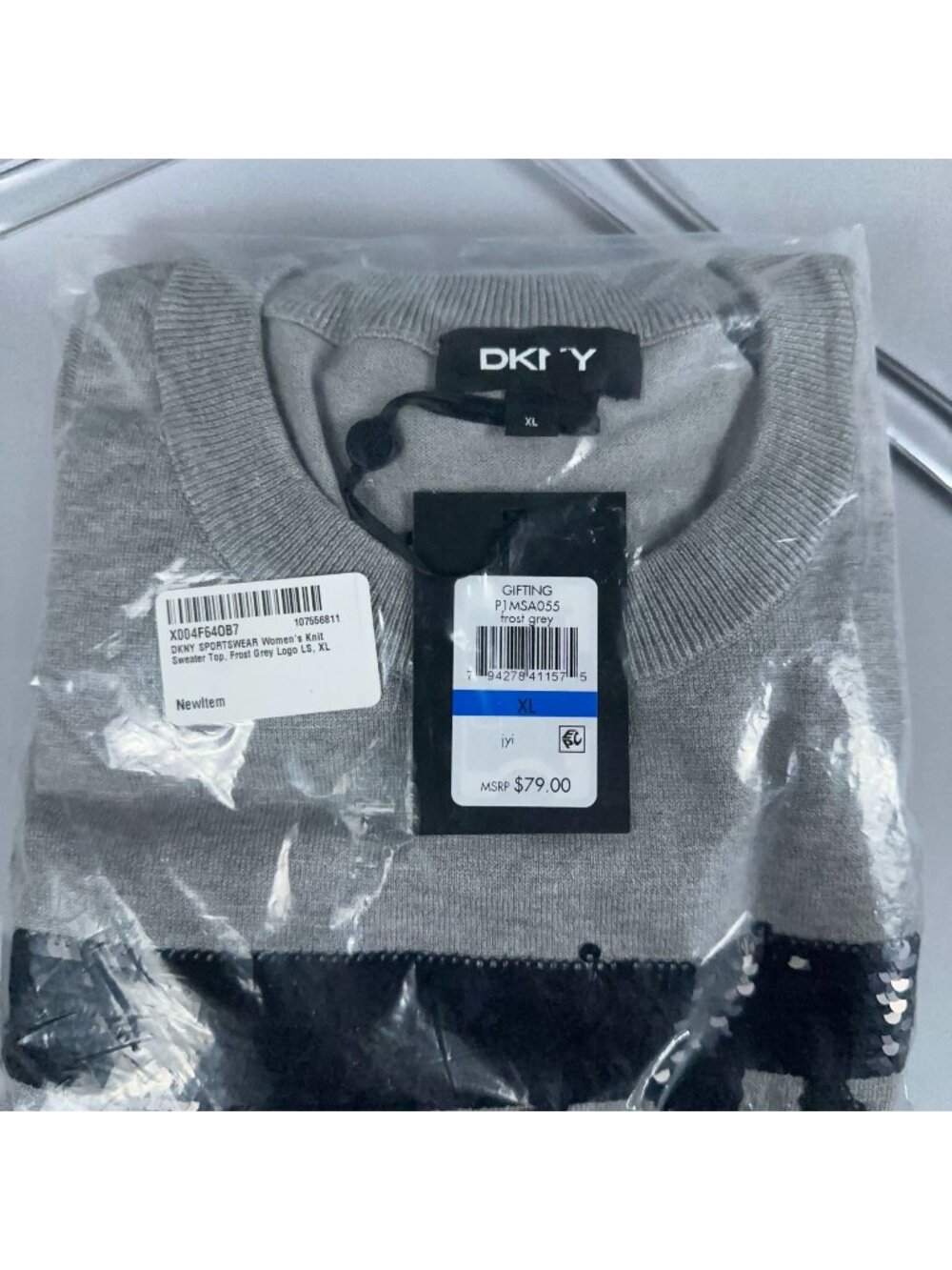 DKNY Sweater Womens Size XL Frost Grey Knit Logo Design Sportswear Was $79